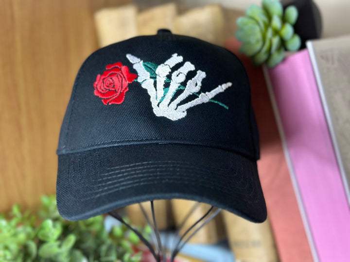 Shaka/ hang ten Baseball hat Skeleton and rose